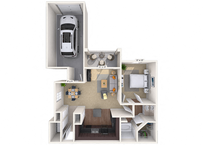 Floor plan for 1 bed, 1 bath, 876 sqft