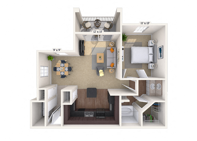 Floor plan for 1 bed, 1 bath, 779 sqft