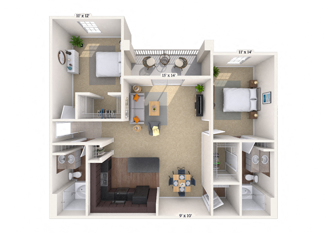 Floor plan for 2 beds, 2 baths, 1085 sqft