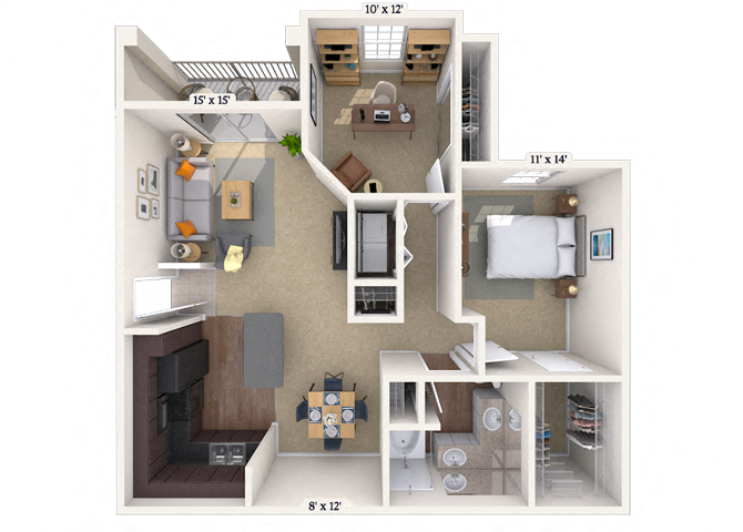 Floor plan for 1 bed, 1 bath, 966 sqft