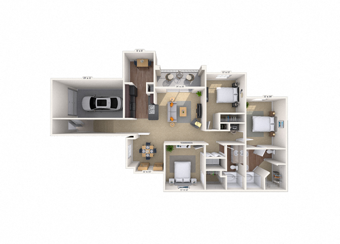 Floor plan for 3 beds, 2 baths, 1499 sqft