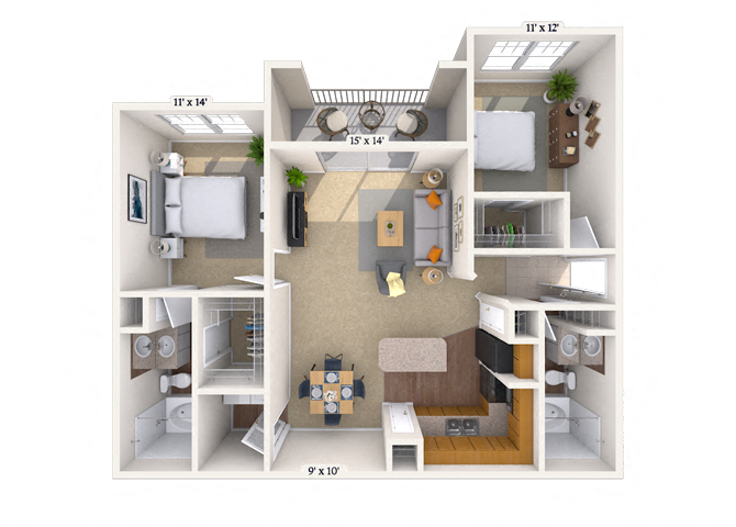 Floor plan for 2 beds, 2 baths, 1097 sqft