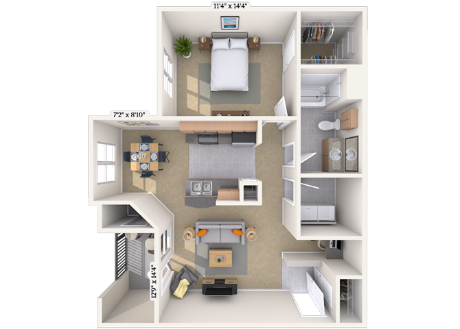 Floor plan for 1 bed, 1 bath, 750 sqft