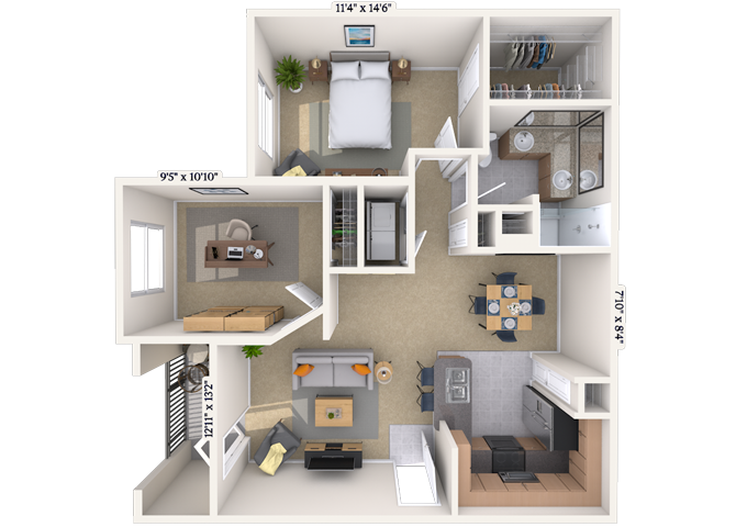 Floor plan for 1 bed, 1 bath, 900 sqft