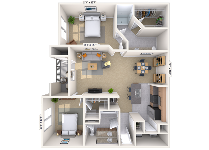 Floor plan for 2 beds, 2 baths, 1118 sqft
