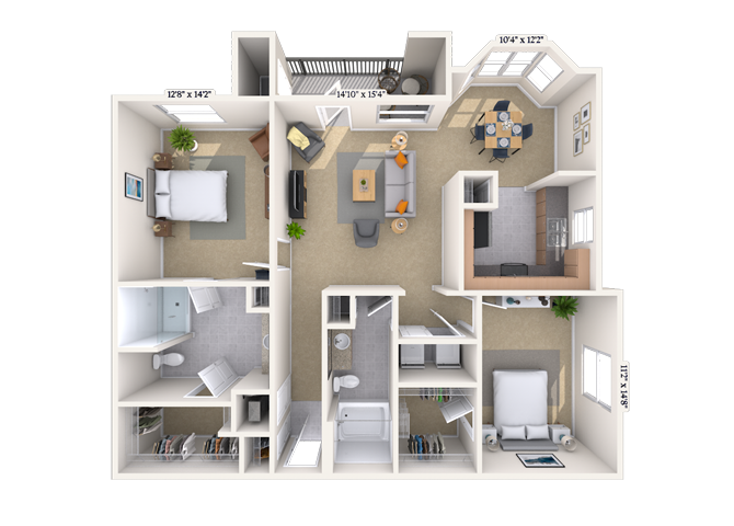 Floor plan for 2 beds, 2 baths, 1205 sqft