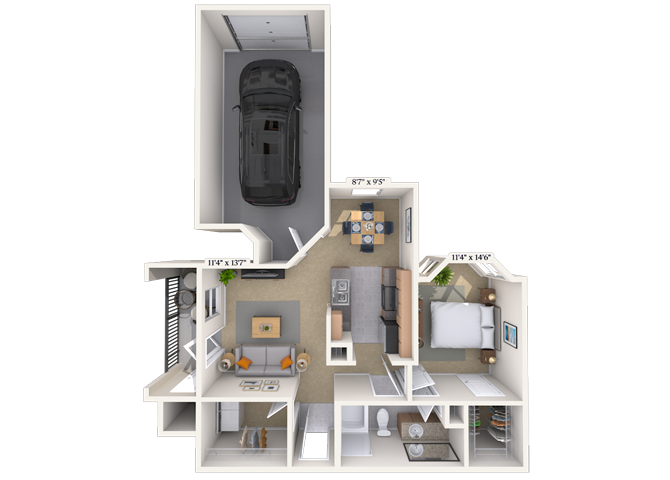 Floor plan for 1 bed, 1 bath, 770 sqft