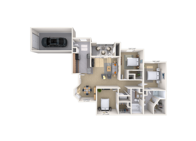 Floor plan for 3 beds, 2 baths, 1363 sqft