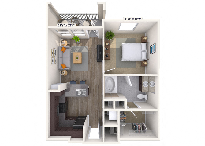Floor plan for 1 bed, 1 bath, 655 sqft