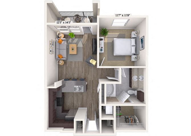 Floor plan for 1 bed, 1 bath, 732 sqft