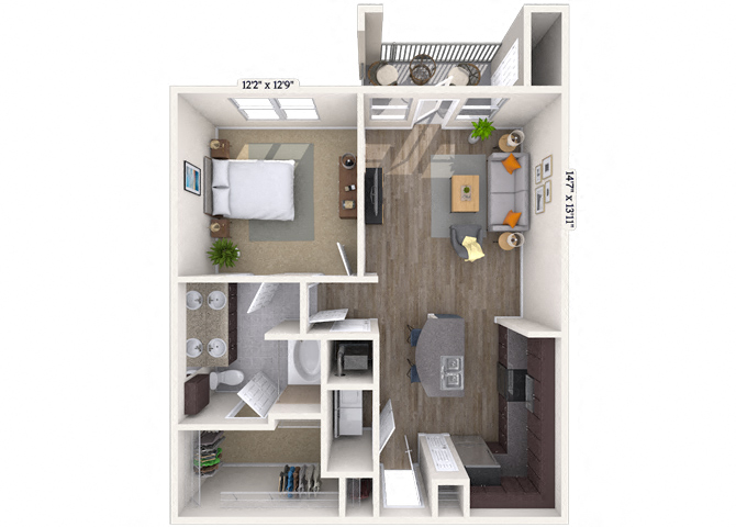 Floor plan for 1 bed, 1 bath, 855 sqft