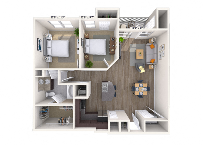 Floor plan for 2 beds, 1 bath, 1055 sqft