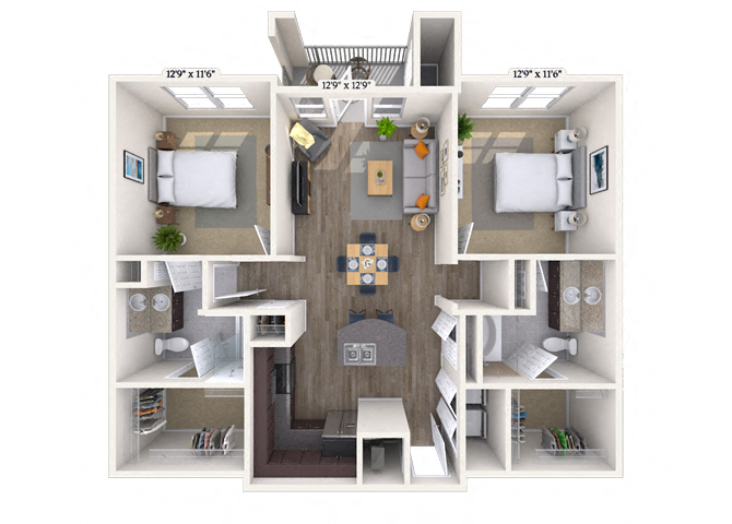 Floor plan for 2 beds, 2 baths, 1130 sqft