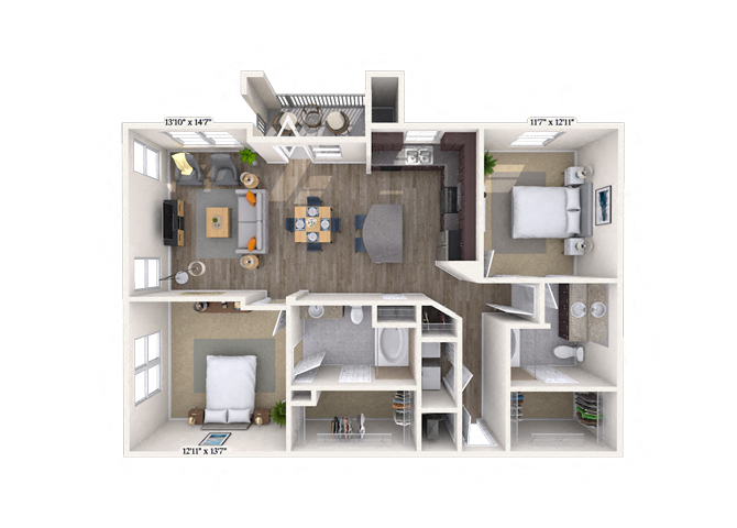 Floor plan for 2 beds, 2 baths, 1263 sqft