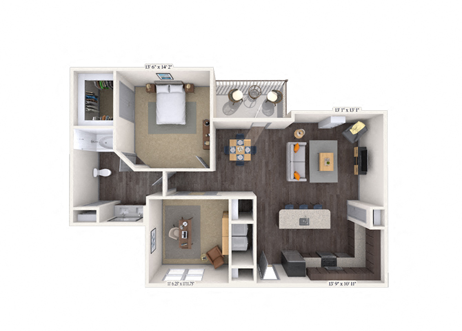 Floor plan for 1 bed, 1 bath, 1064 sqft