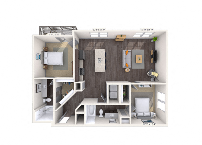 Floor plan for 2 beds, 2 baths, 1121 sqft
