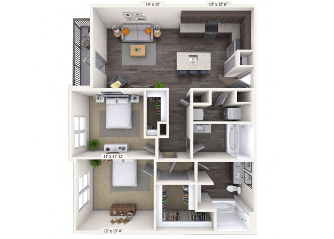 Floor plan for 2 beds, 2 baths, 1122 sqft