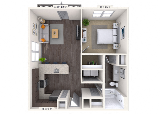 Floor plan for 1 bed, 1 bath, 702 sqft