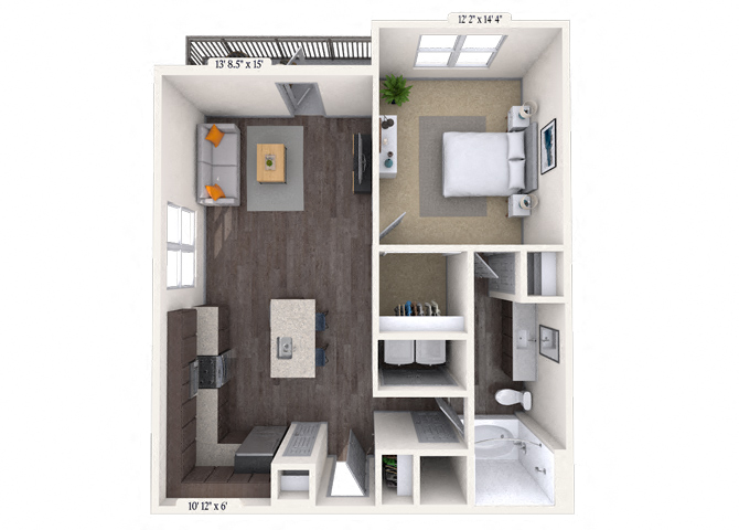 Floor plan for 1 bed, 1 bath, 758 sqft