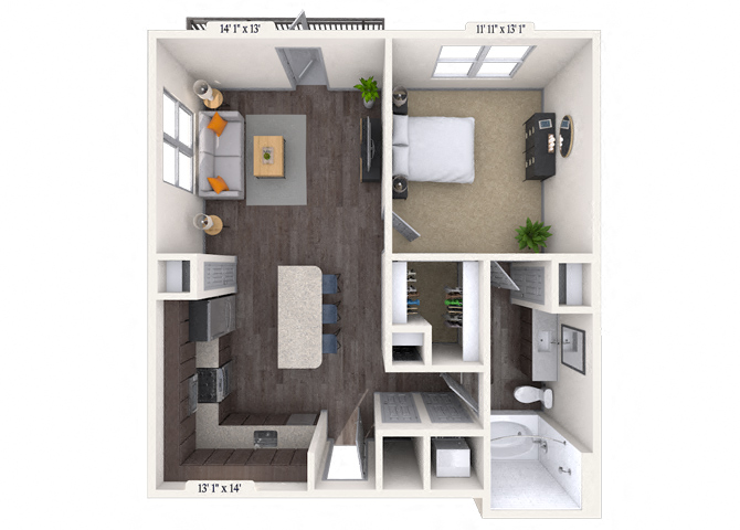 Floor plan for 1 bed, 1 bath, 709 sqft