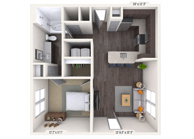 Floor plan for 1 bed, 1 bath, 676 sqft