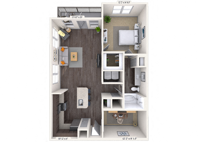 Floor plan for 1 bed, 1 bath, 900 sqft
