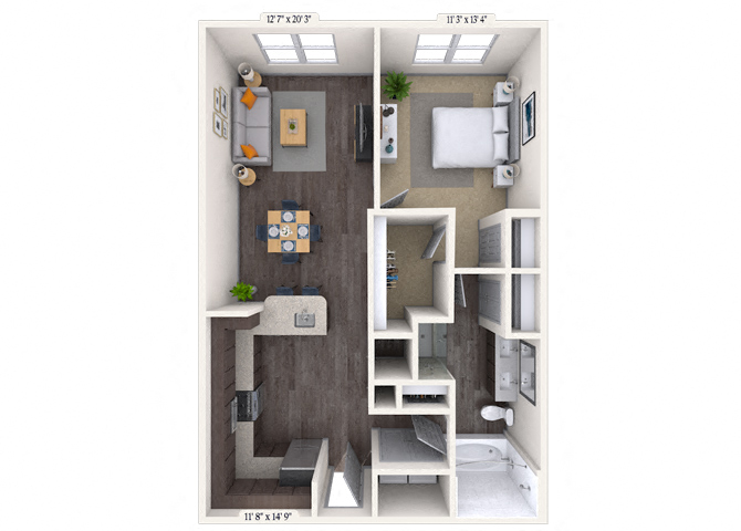 Floor plan for 1 bed, 1 bath, 840 sqft