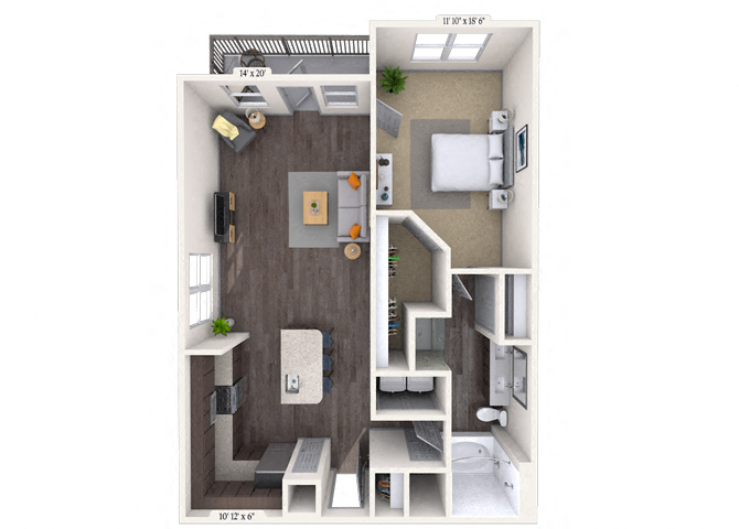 Floor plan for 1 bed, 1 bath, 900 sqft