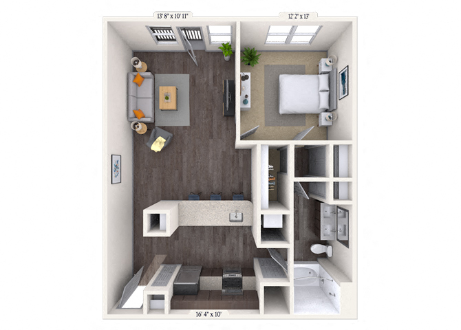 Floor plan for 1 bed, 1 bath, 806 sqft