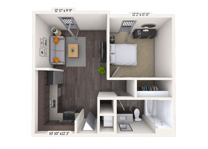 Floor plan for studio, 1 bath, 579 sqft