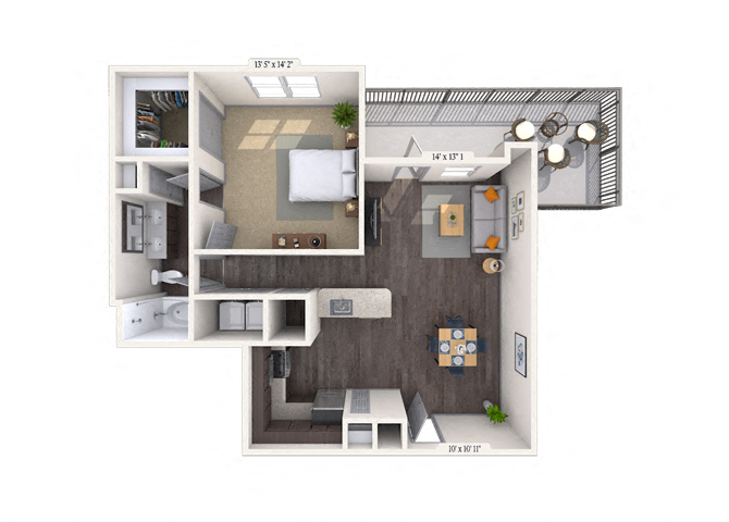 Floor plan for 1 bed, 1 bath, 809 sqft