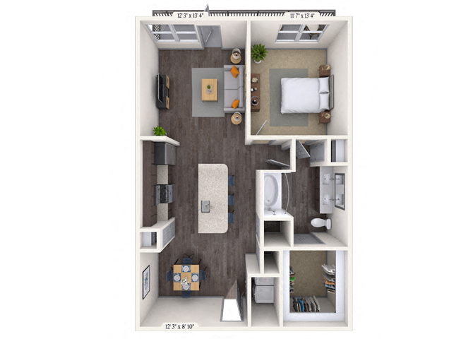 Floor plan for 1 bed, 1 bath, 840 sqft