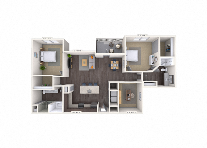 Floor plan for 2 beds, 2 baths, 1404 sqft