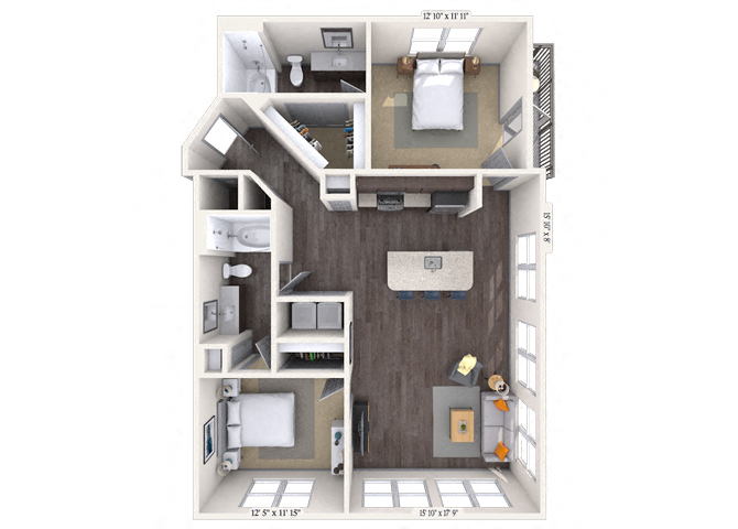Floor plan for 2 beds, 2 baths, 1148 sqft