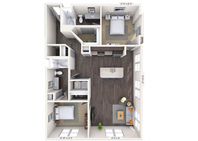 Floor plan for 2 beds, 2 baths, 1150 sqft