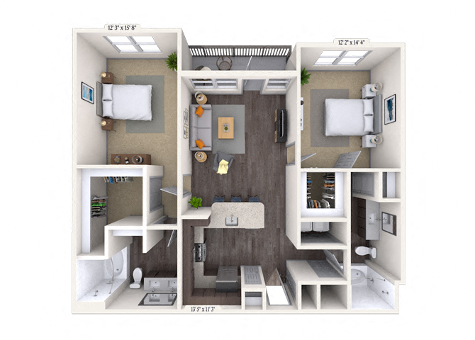 Floor plan for 2 beds, 2 baths, 1154 sqft
