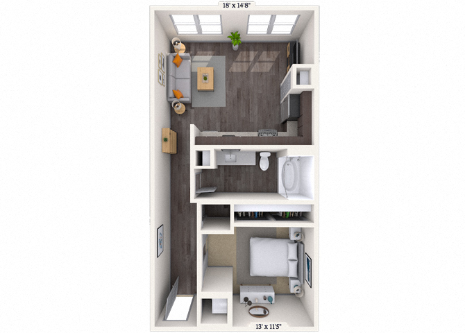 Floor plan for studio, 1 bath, 630 sqft