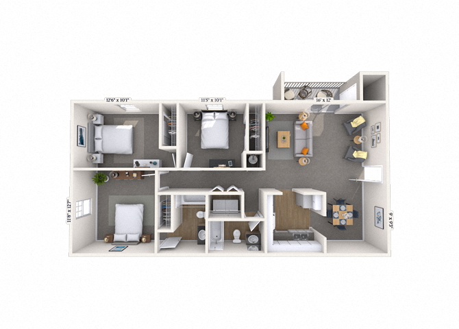Floor plan for 3 beds, 2 baths, 1150 sqft