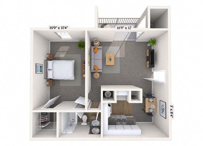 Floor plan for 1 bed, 1 bath, 615 sqft
