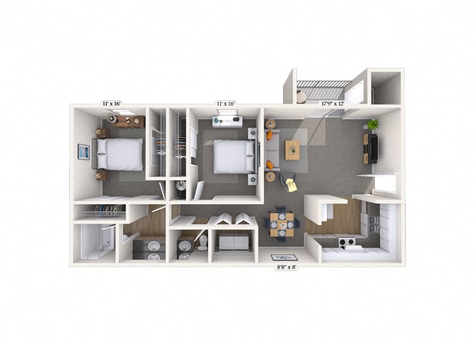 Floor plan for 2 beds, 2 baths, 925 sqft