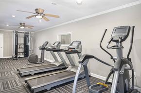 Simpsonville apartment for rent - A well-equipped gym with treadmills, elliptical machines, and a fan.