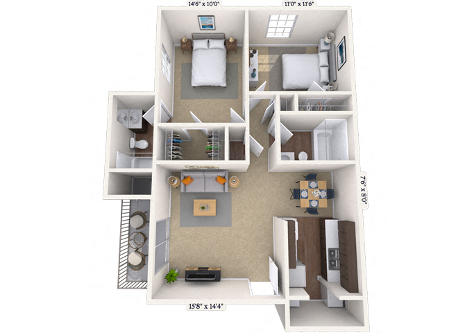 Floor plan for 2 beds, 2 baths, 1000 sqft