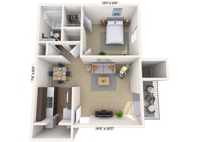 Floor plan for 1 bed, 1 bath, 800 sqft
