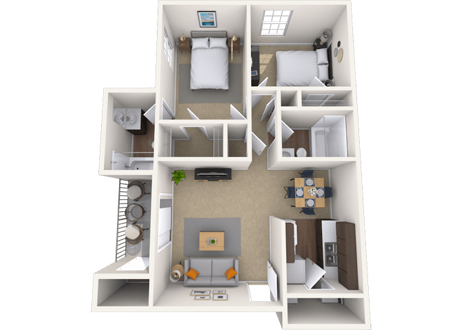Floor plan for 2 beds, 2 baths, 912 sqft