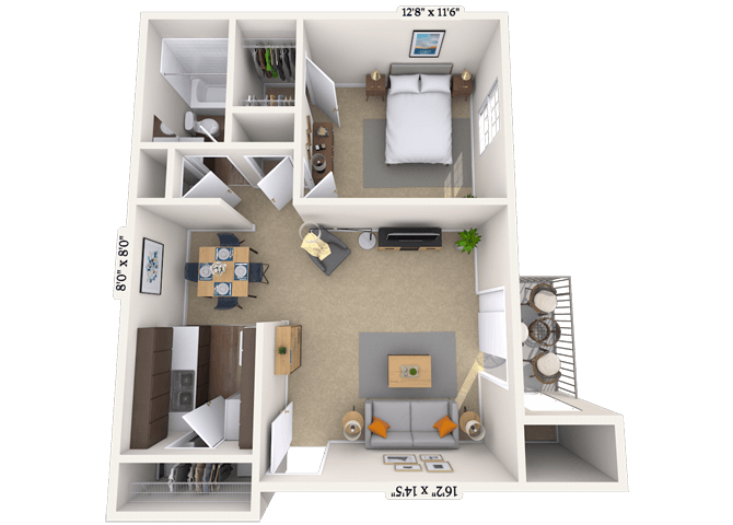 Floor plan for 1 bed, 1 bath, 722 sqft