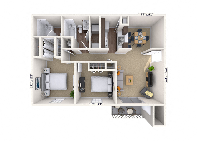 Floor plan for 2 beds, 2 baths, 1053 sqft