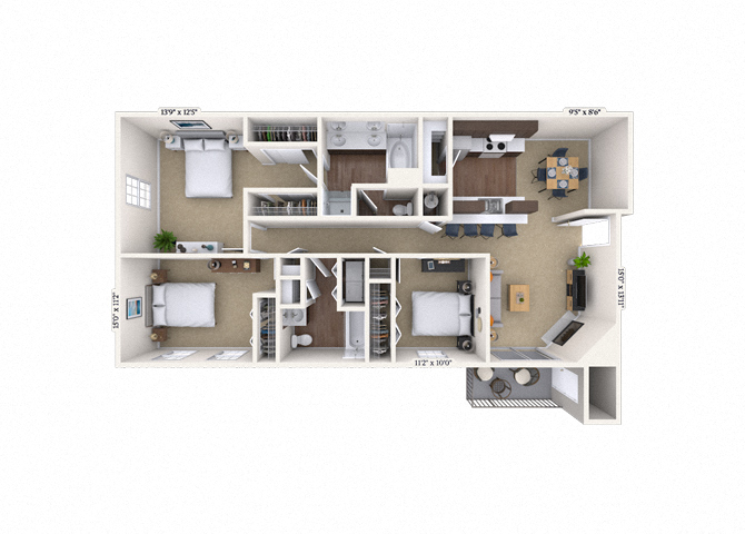 Floor plan for 3 beds, 2 baths, 1442 sqft