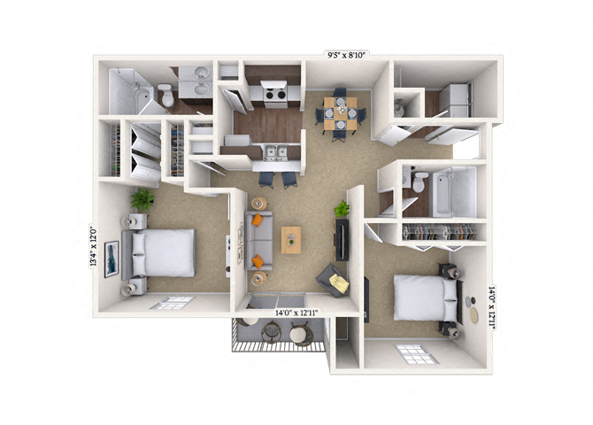 Floor plan for 2 beds, 2 baths, 1109 sqft