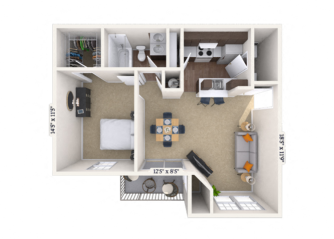 Floor plan for 1 bed, 1 bath, 820 sqft