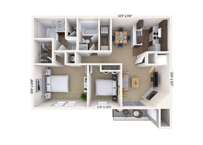 Floor plan for 2 beds, 2 baths, 1198 sqft